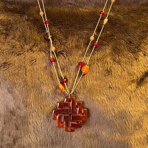 Vintage Lucite Asian‑Inspired Amber Pendant on Beaded Cord